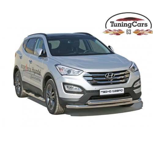Защита ПЕРЕДА «Труба двойная» d63,5 Hyundai Santa-Fe (нерж)